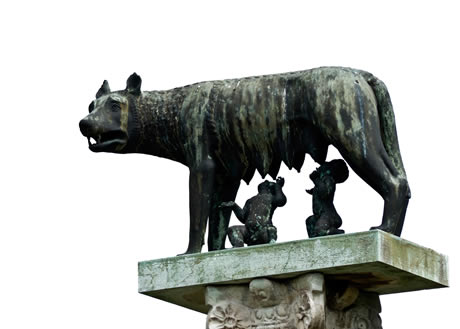 Statue of the capitoline wolf with Romulus and Remus in Pisa photo